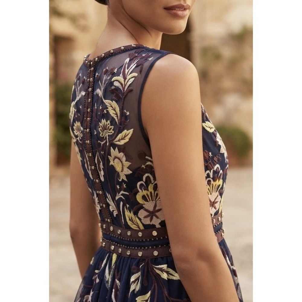 Moulinette Soeurs Navy Floral Embroidered Midi Dress with Studded Waist